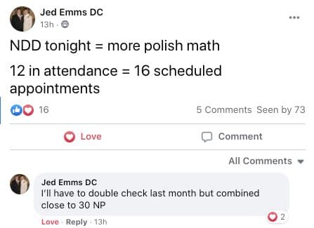 Dr. Jed Emms: 12 in attendance, 16 scheduled appointments