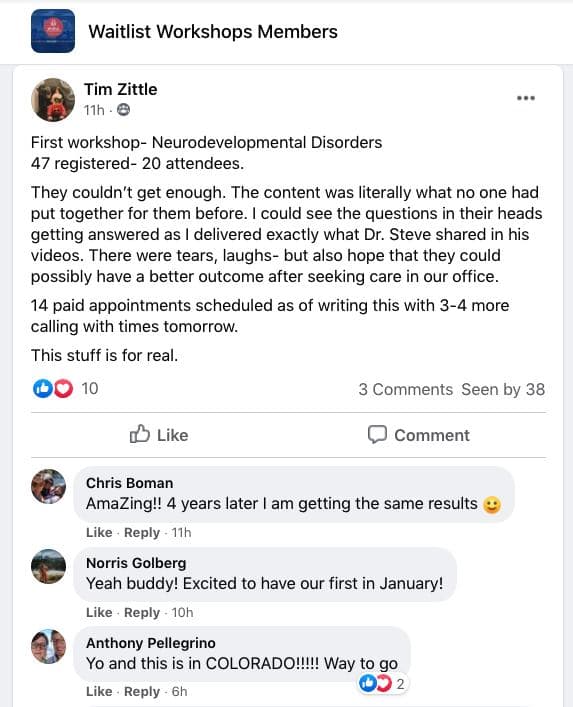 Dr. Tim Zittle: 47 registered, 20 attended, 14 paid appointments at his first workshop